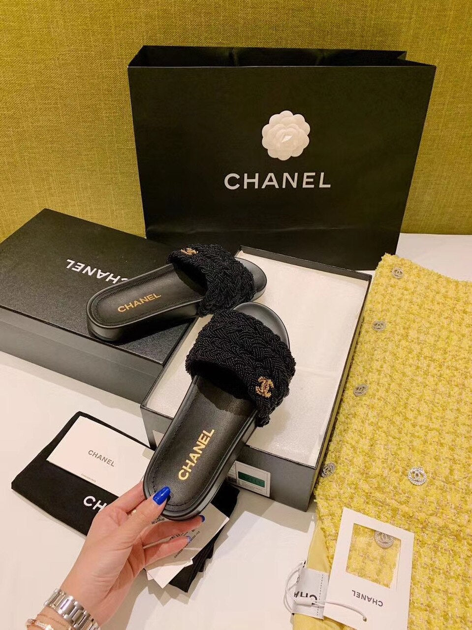 Chanel Pearl Beaded Embellished Sandals Calfskin Leather Spring/Summer Collection Black