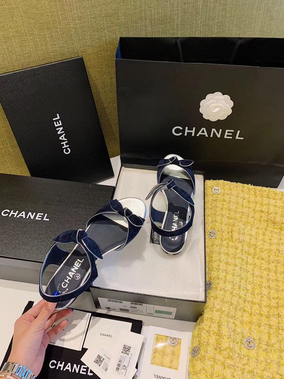 Chanel Knot Sandals Velvet/Calfskin Leather Spring/Summer Collection Navy Blue