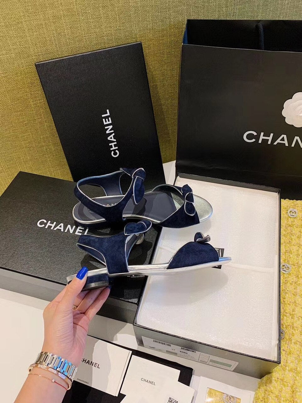 Chanel Knot Sandals Velvet/Calfskin Leather Spring/Summer Collection Navy Blue