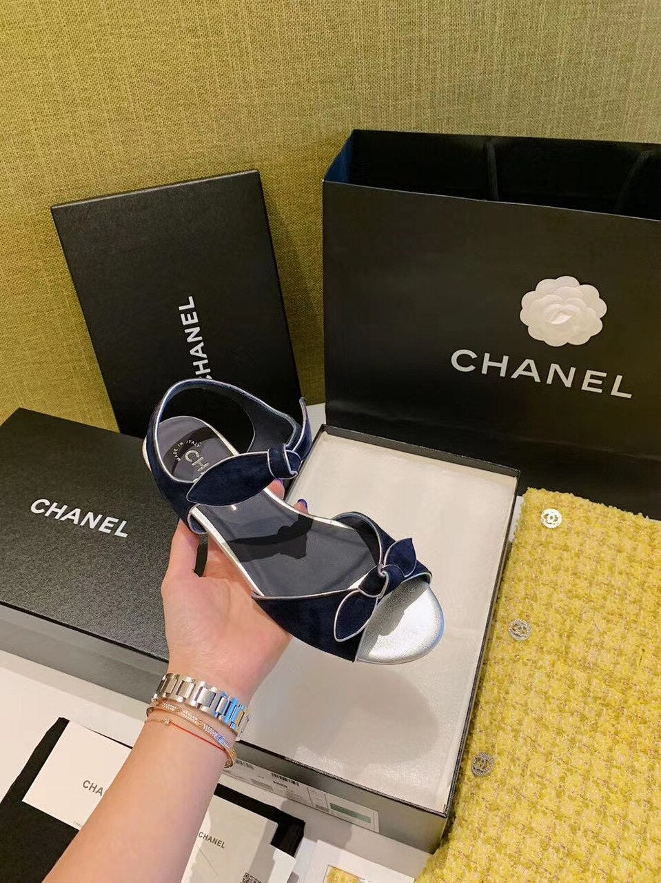 Chanel Knot Sandals Velvet/Calfskin Leather Spring/Summer Collection Navy Blue
