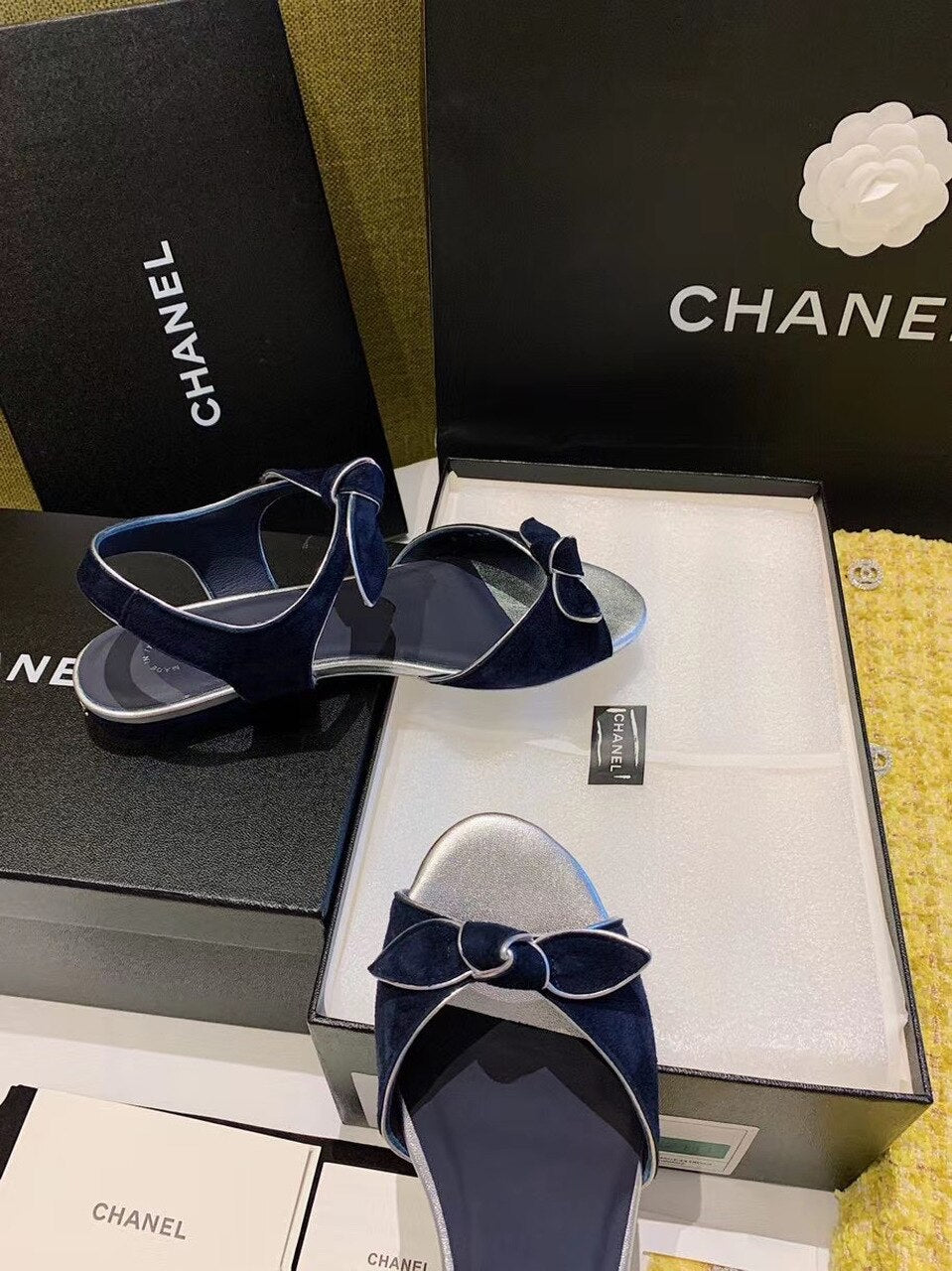 Chanel Knot Sandals Velvet/Calfskin Leather Spring/Summer Collection Navy Blue