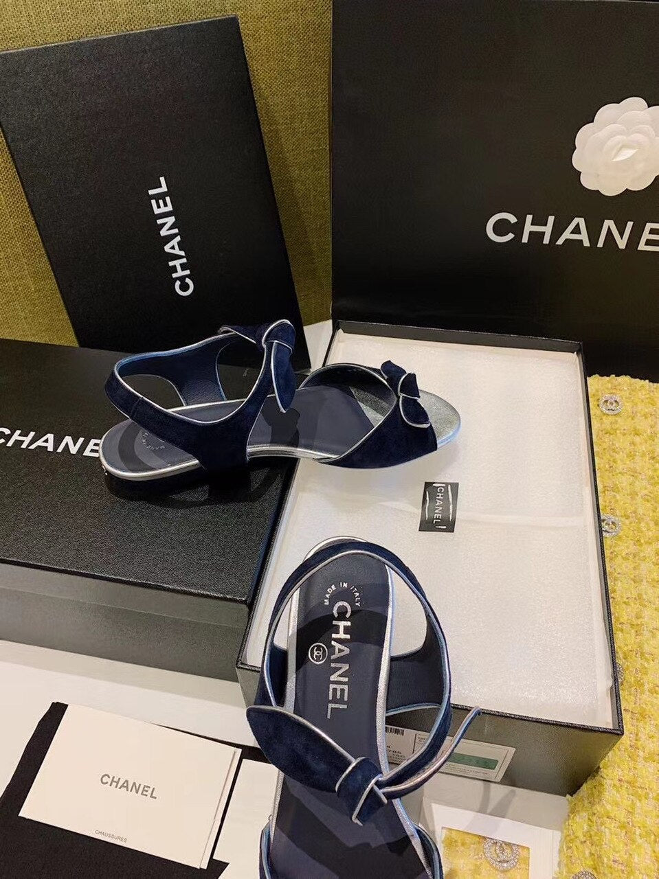Chanel Knot Sandals Velvet/Calfskin Leather Spring/Summer Collection Navy Blue