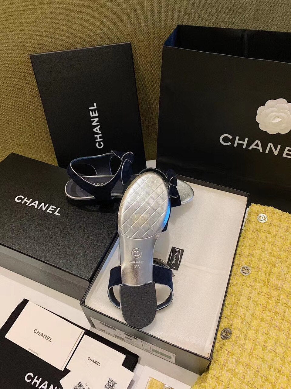 Chanel Knot Sandals Velvet/Calfskin Leather Spring/Summer Collection Navy Blue