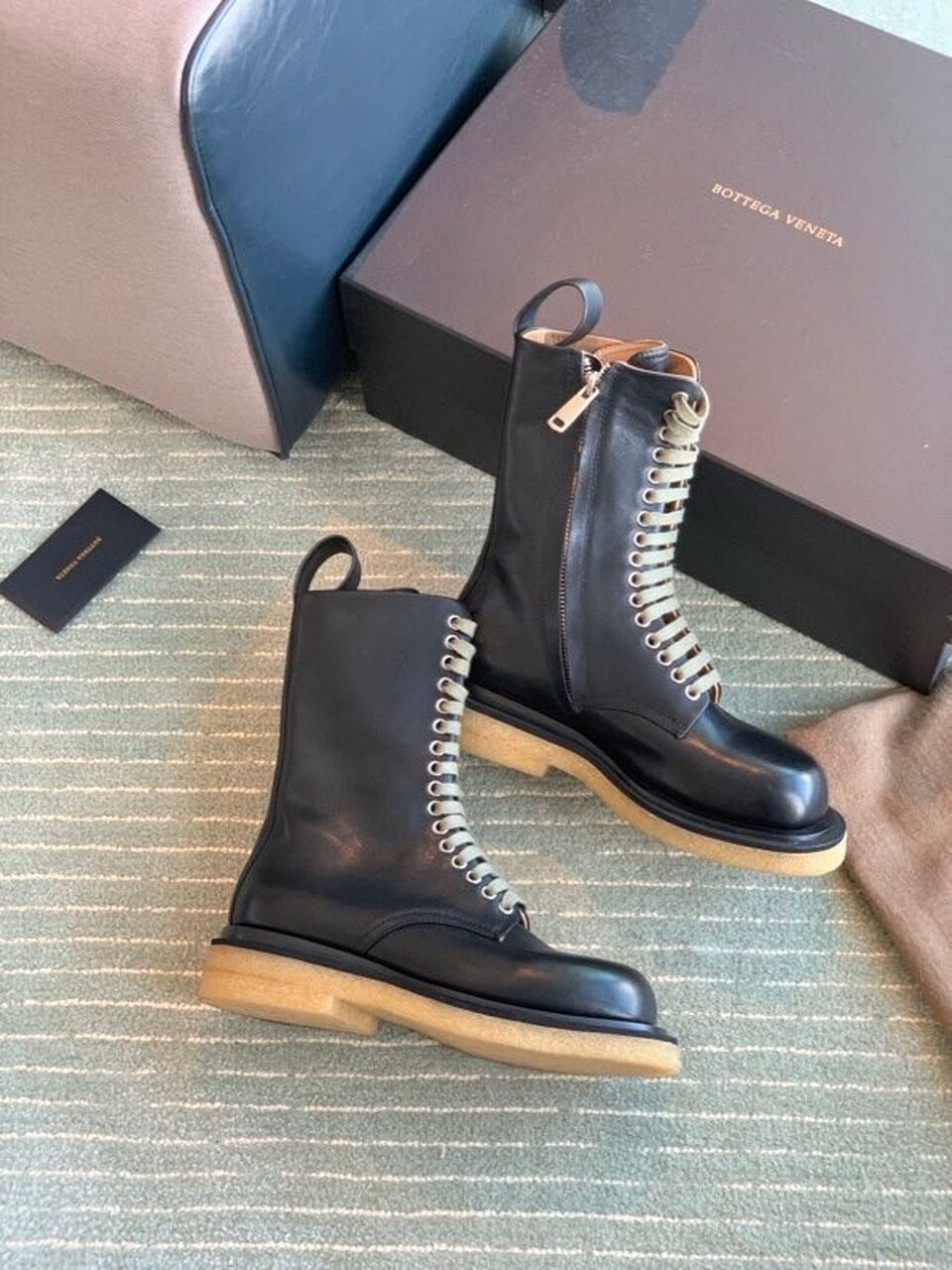 Bottega Veneta Lace Up Mid Calf Boots Calfskin Leather Fall/Winter 2020 Collection, Black