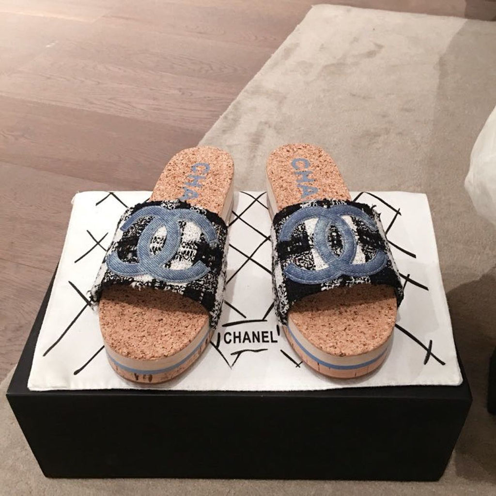 Chanel Cork Sandals Tweed/Calfskin Leather Spring/Summer Collection Blue