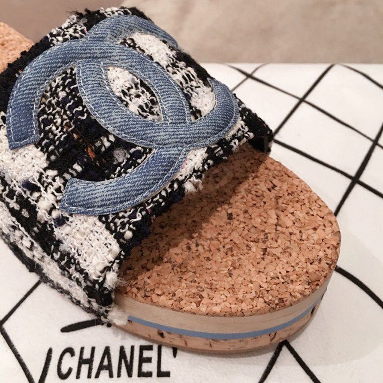 Chanel Cork Sandals Tweed/Calfskin Leather Spring/Summer Collection Blue