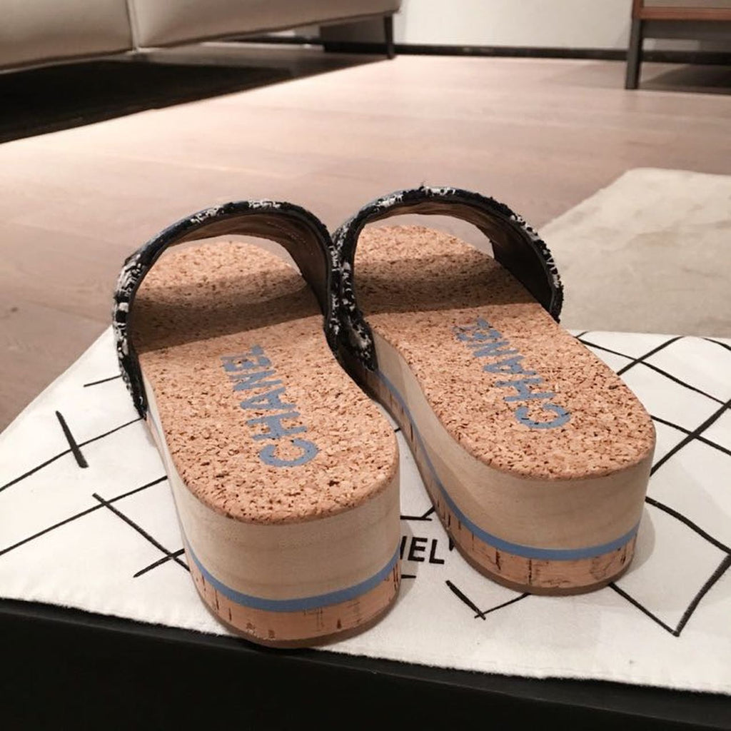 Chanel Cork Sandals Tweed/Calfskin Leather Spring/Summer Collection Blue