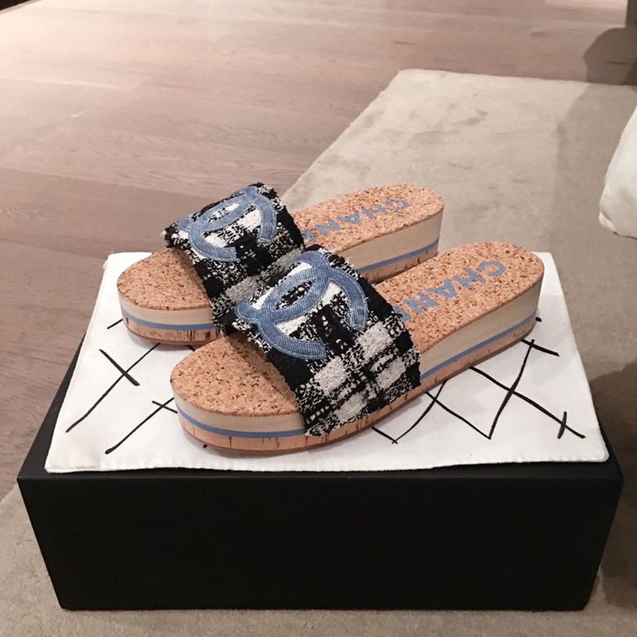 Chanel Cork Sandals Tweed/Calfskin Leather Spring/Summer Collection Blue