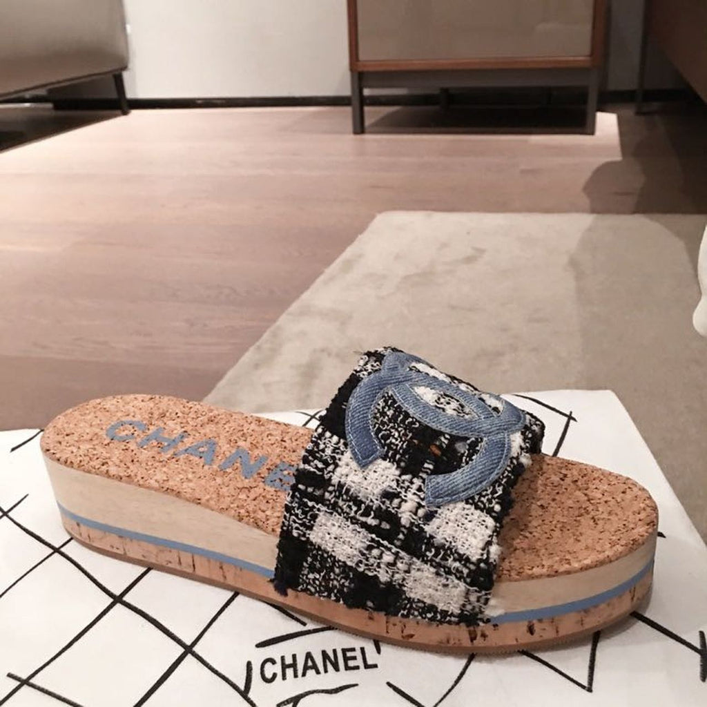 Chanel Cork Sandals Tweed/Calfskin Leather Spring/Summer Collection Blue