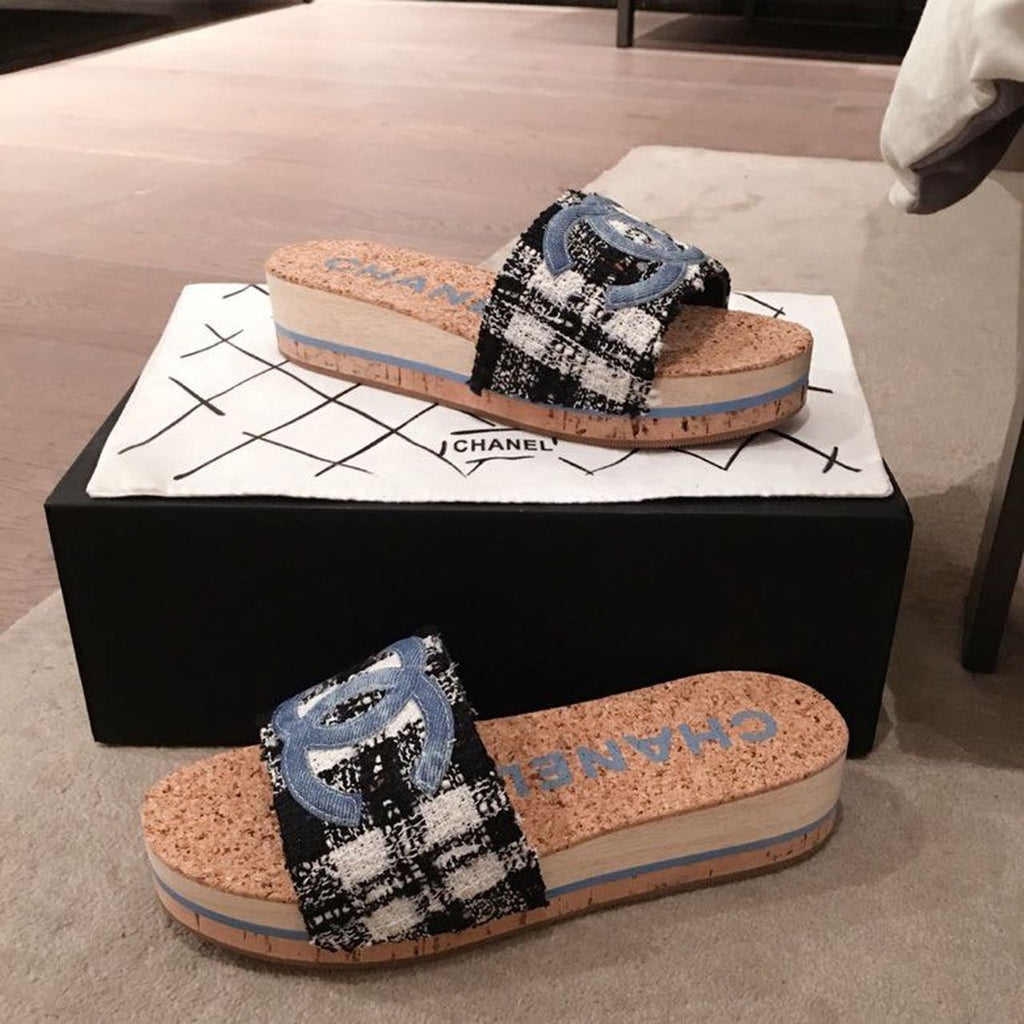 Chanel Cork Sandals Tweed/Calfskin Leather Spring/Summer Collection Blue