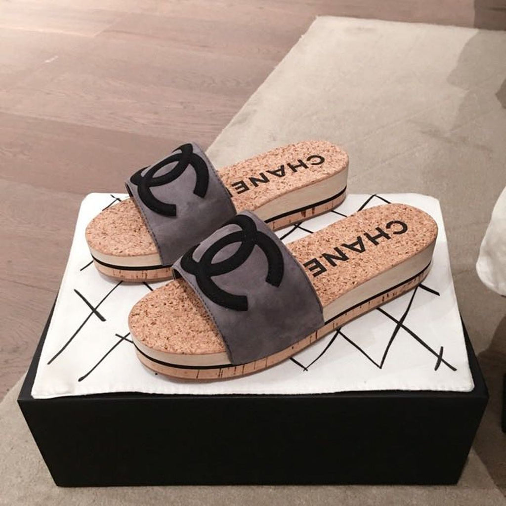Chanel Cork Sandals Suede/Calfskin Leather Spring/Summer Collection, Grey/Black
