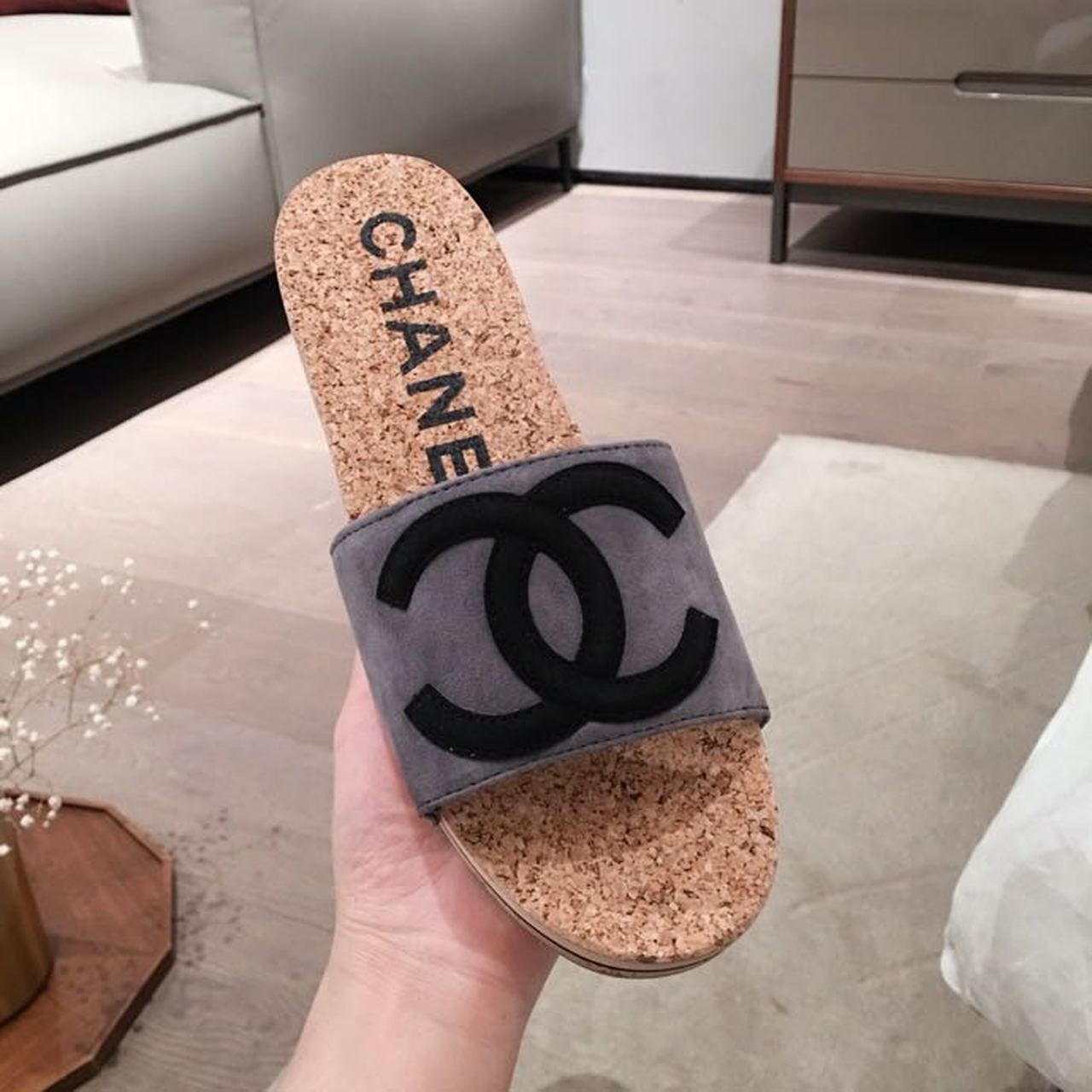 Chanel Cork Sandals Suede/Calfskin Leather Spring/Summer Collection, Grey/Black