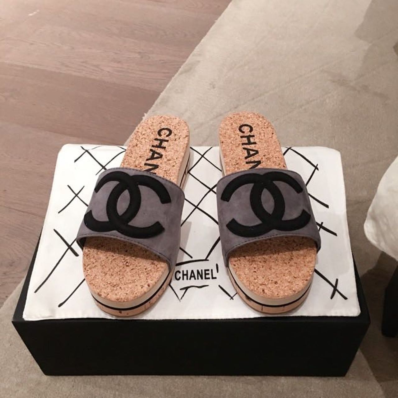 Chanel Cork Sandals Suede/Calfskin Leather Spring/Summer Collection, Grey/Black