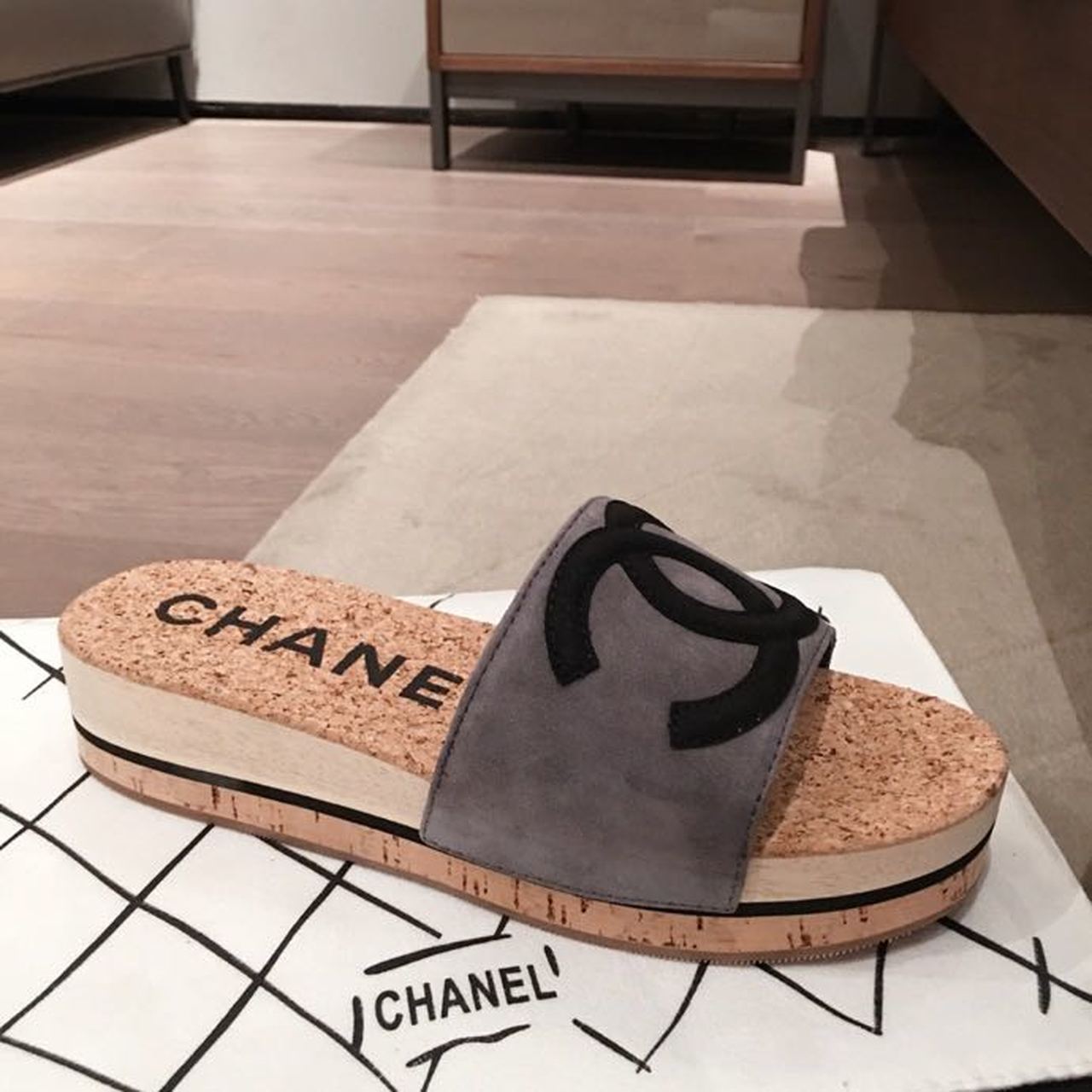 Chanel Cork Sandals Suede/Calfskin Leather Spring/Summer Collection, Grey/Black