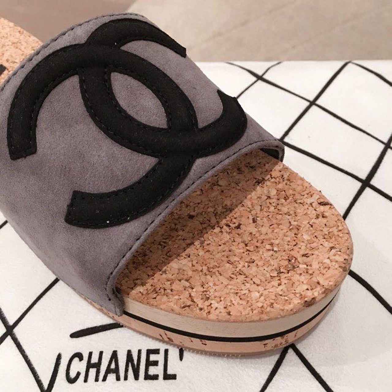 Chanel Cork Sandals Suede/Calfskin Leather Spring/Summer Collection, Grey/Black