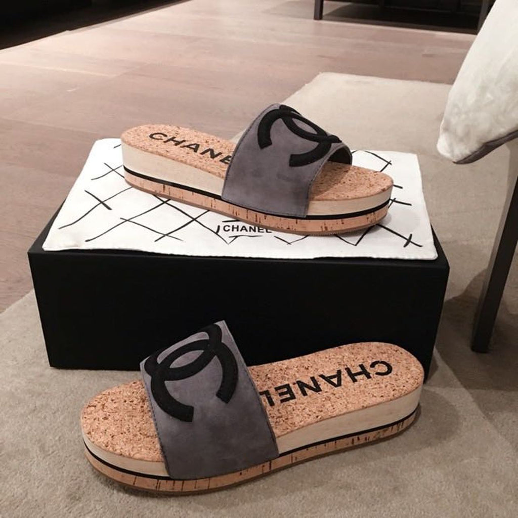 Chanel Cork Sandals Suede/Calfskin Leather Spring/Summer Collection, Grey/Black