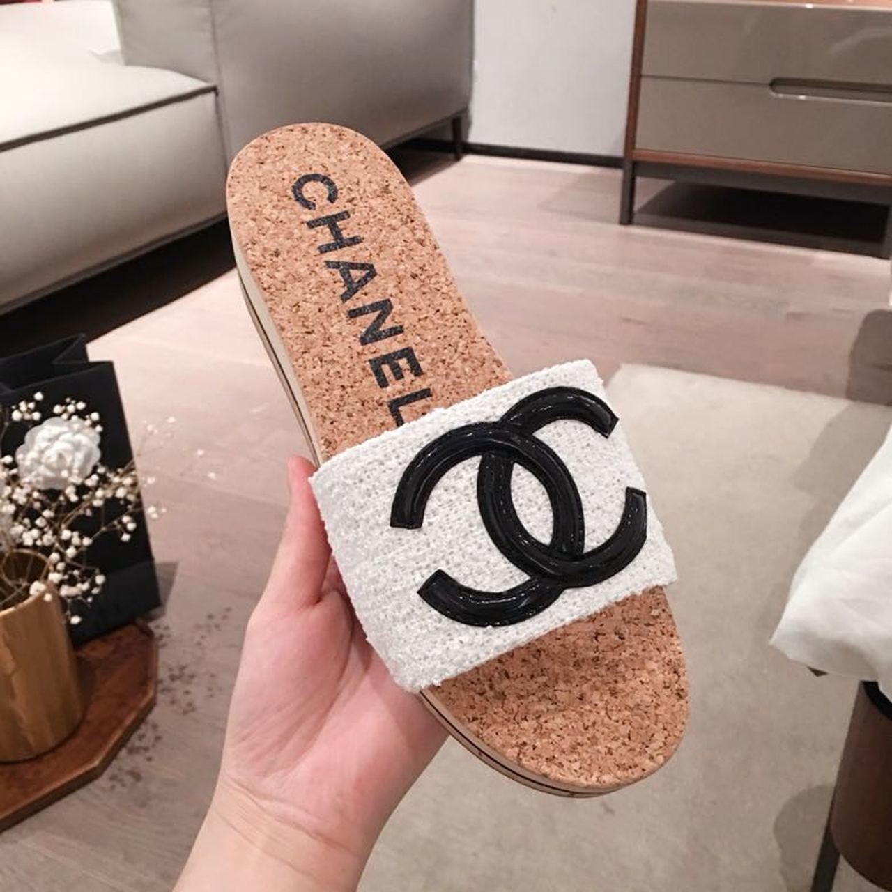 Chanel Cork Sandals Suede/Calfskin Leather Spring/Summer Collection White/Black