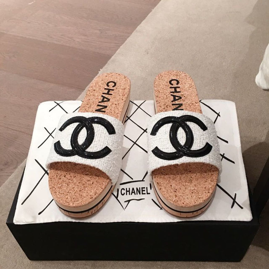 Chanel Cork Sandals Suede/Calfskin Leather Spring/Summer Collection White/Black