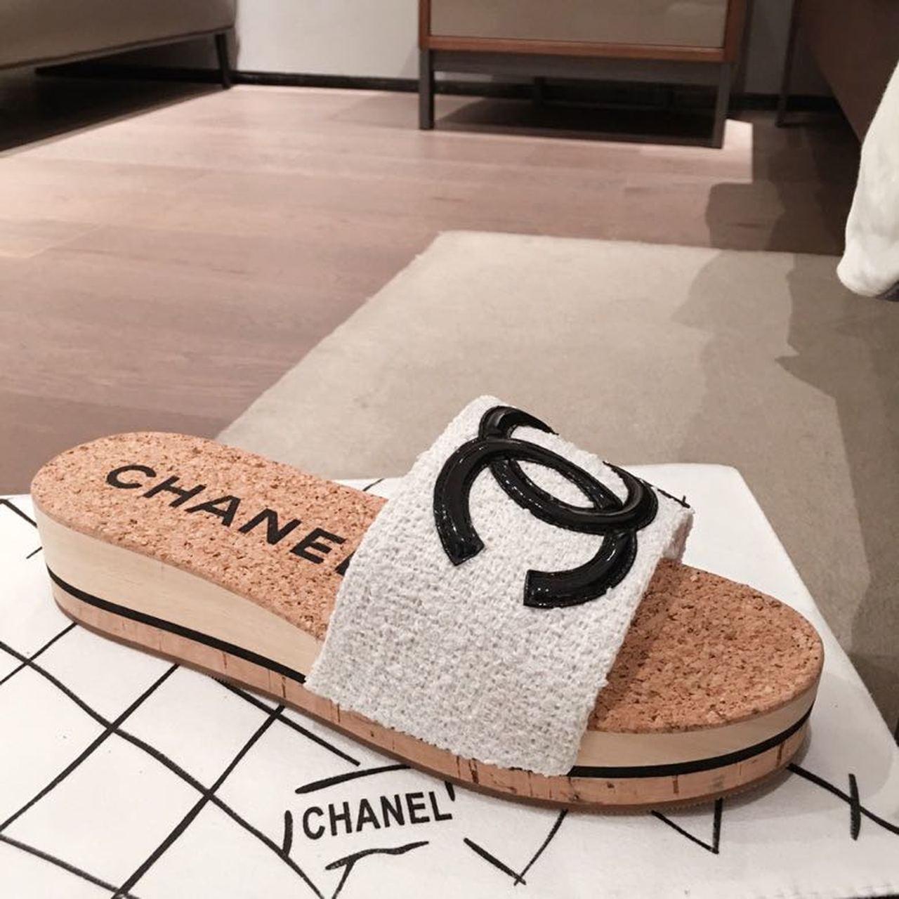 Chanel Cork Sandals Suede/Calfskin Leather Spring/Summer Collection White/Black