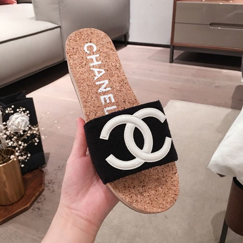 Chanel Cork Sandals Suede/Calfskin Leather Spring/Summer Collection Black/White