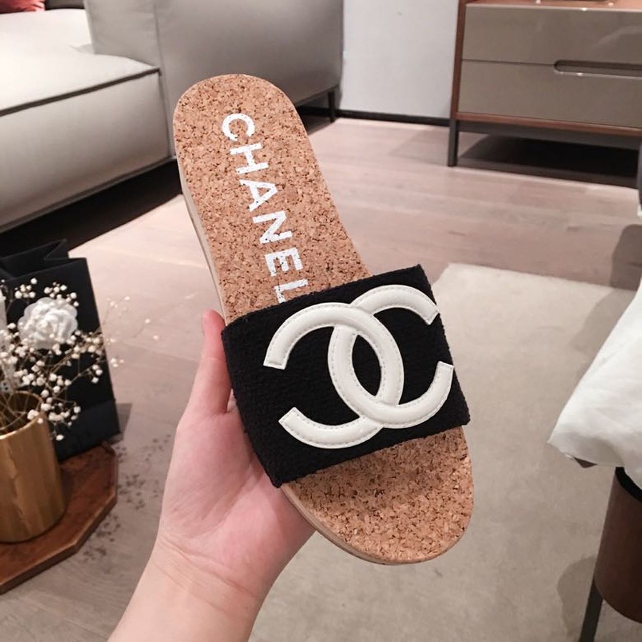 Chanel Cork Sandals Suede/Calfskin Leather Spring/Summer Collection Black/White