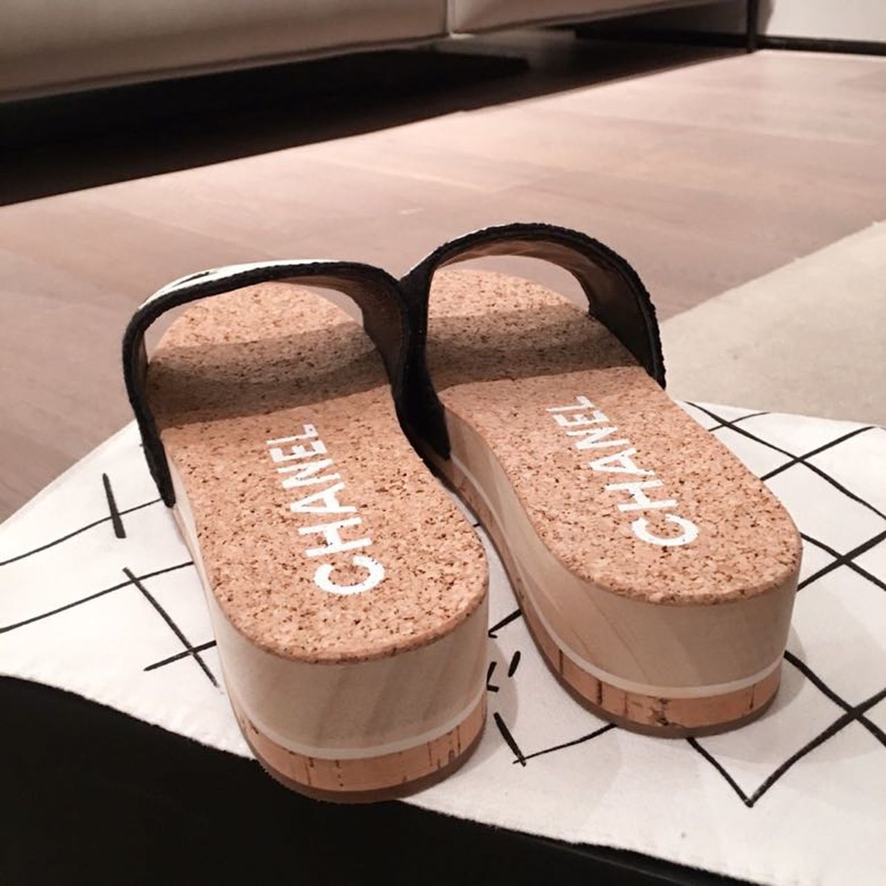 Chanel Cork Sandals Suede/Calfskin Leather Spring/Summer Collection Black/White