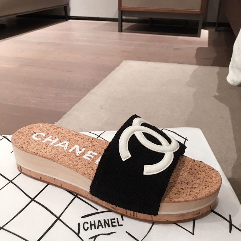 Chanel Cork Sandals Suede/Calfskin Leather Spring/Summer Collection Black/White