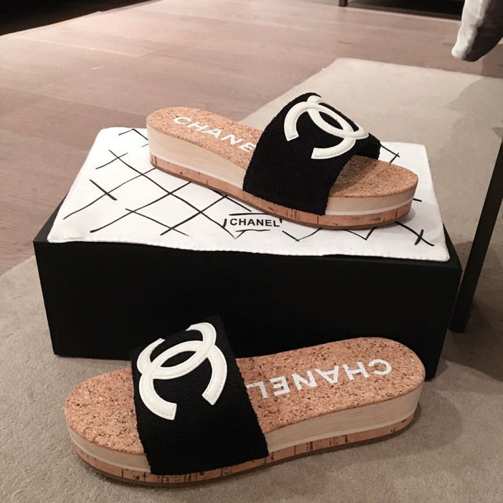 Chanel Cork Sandals Suede/Calfskin Leather Spring/Summer Collection Black/White