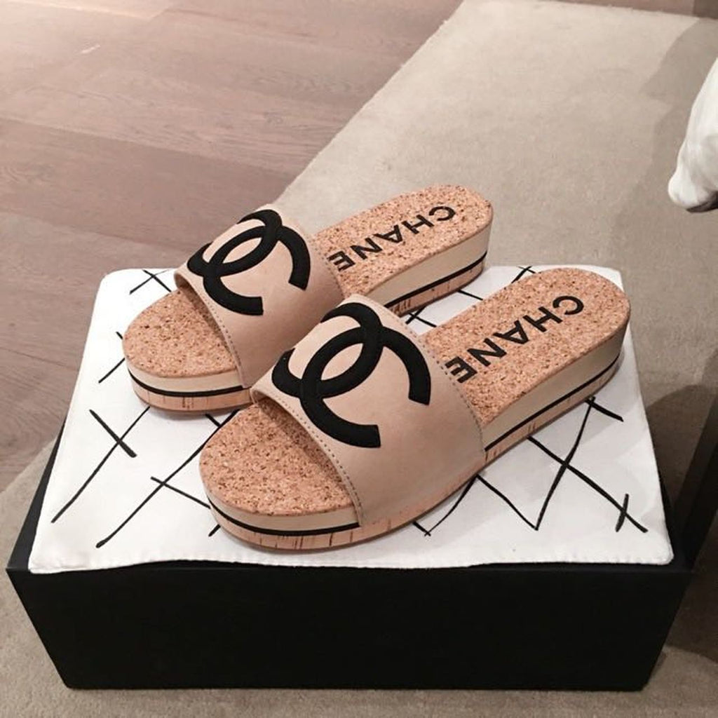 Chanel Cork Sandals Suede/Calfskin Leather Spring/Summer Collection Beige/Black