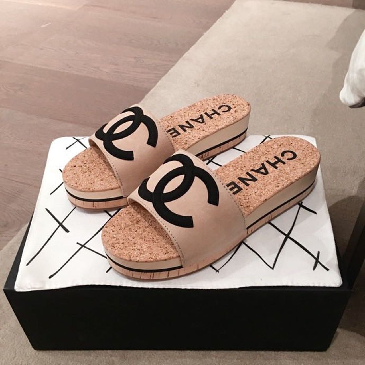 Chanel Cork Sandals Suede/Calfskin Leather Spring/Summer Collection Beige/Black