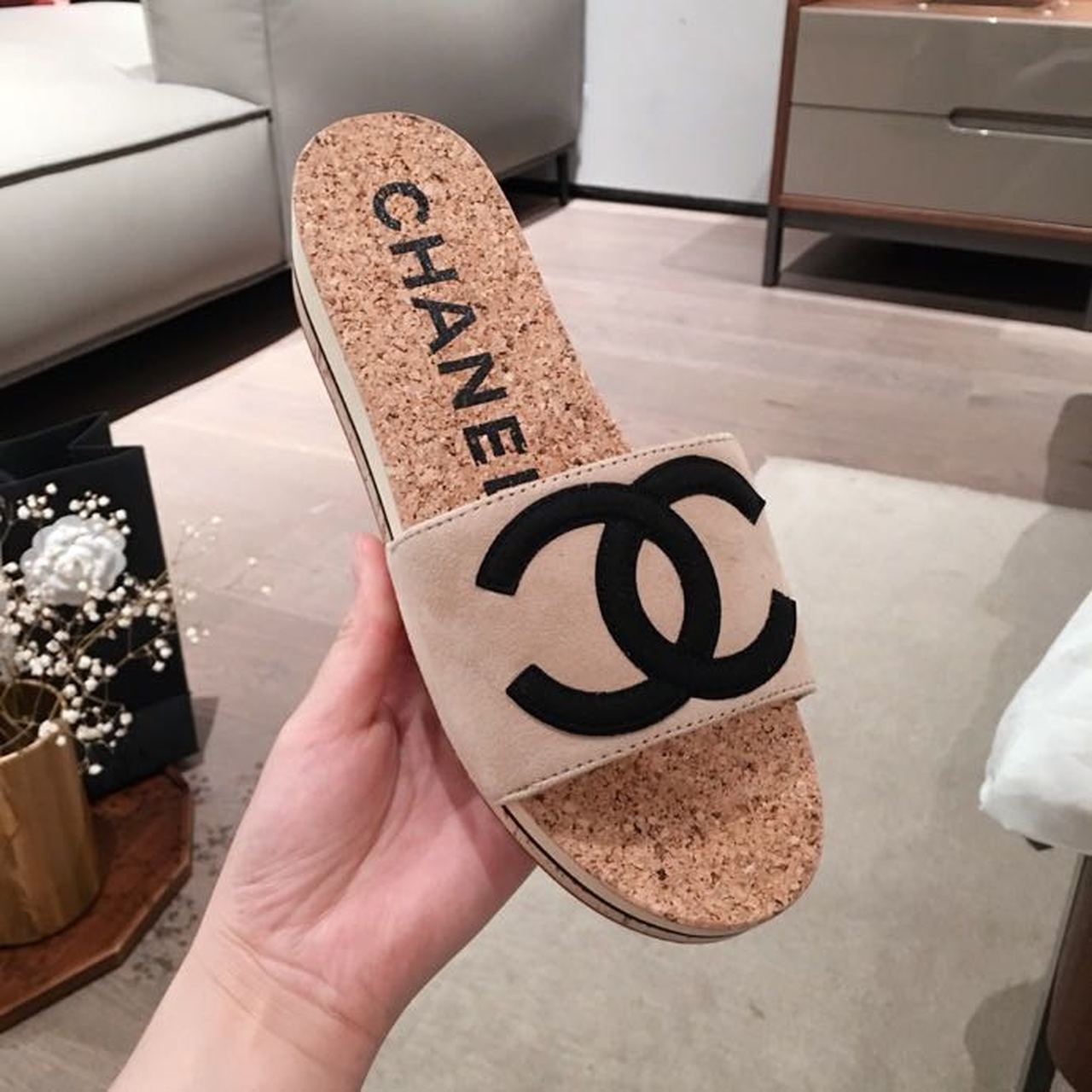 Chanel Cork Sandals Suede/Calfskin Leather Spring/Summer Collection Beige/Black