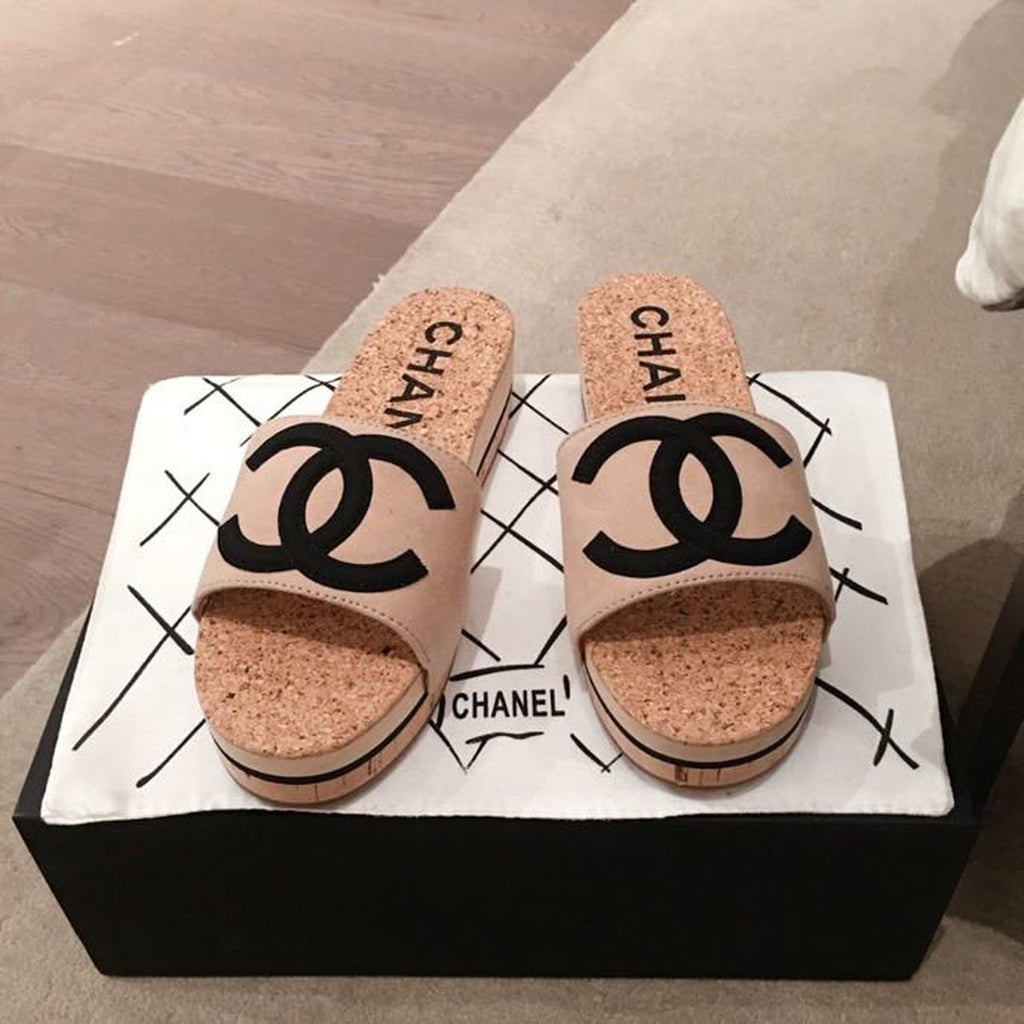 Chanel Cork Sandals Suede/Calfskin Leather Spring/Summer Collection Beige/Black