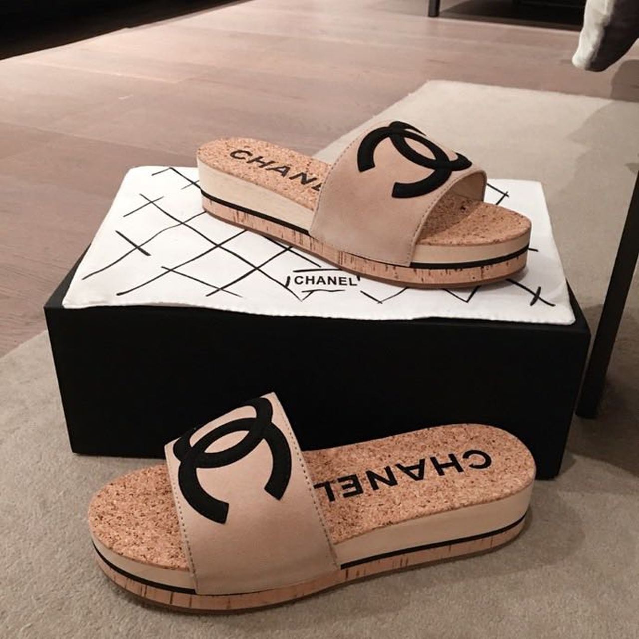 Chanel Cork Sandals Suede/Calfskin Leather Spring/Summer Collection Beige/Black