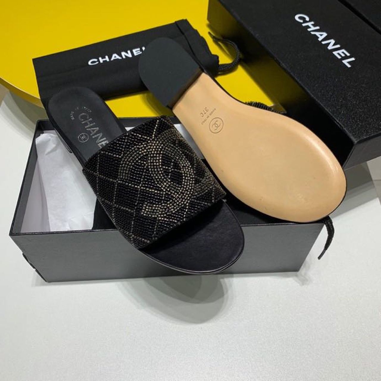 Chanel Bead Embroidered Mule Sandals Calfskin Leather Spring/Summer Collection Black