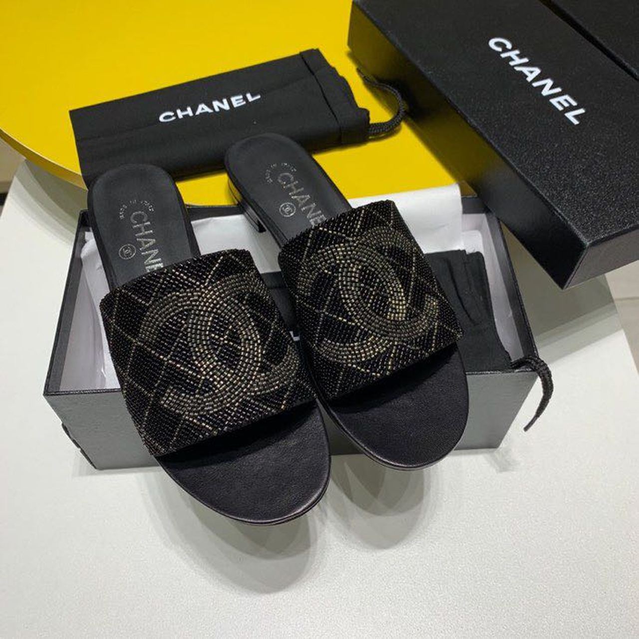 Chanel Bead Embroidered Mule Sandals Calfskin Leather Spring/Summer Collection Black