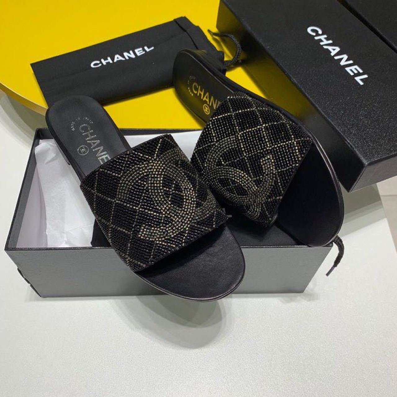 Chanel Bead Embroidered Mule Sandals Calfskin Leather Spring/Summer Collection Black