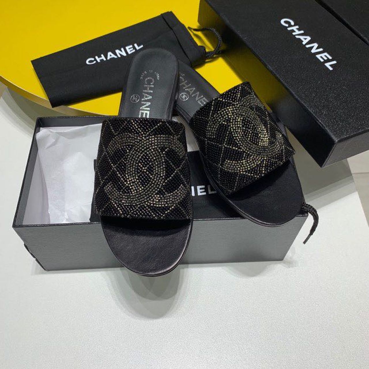 Chanel Bead Embroidered Mule Sandals Calfskin Leather Spring/Summer Collection Black