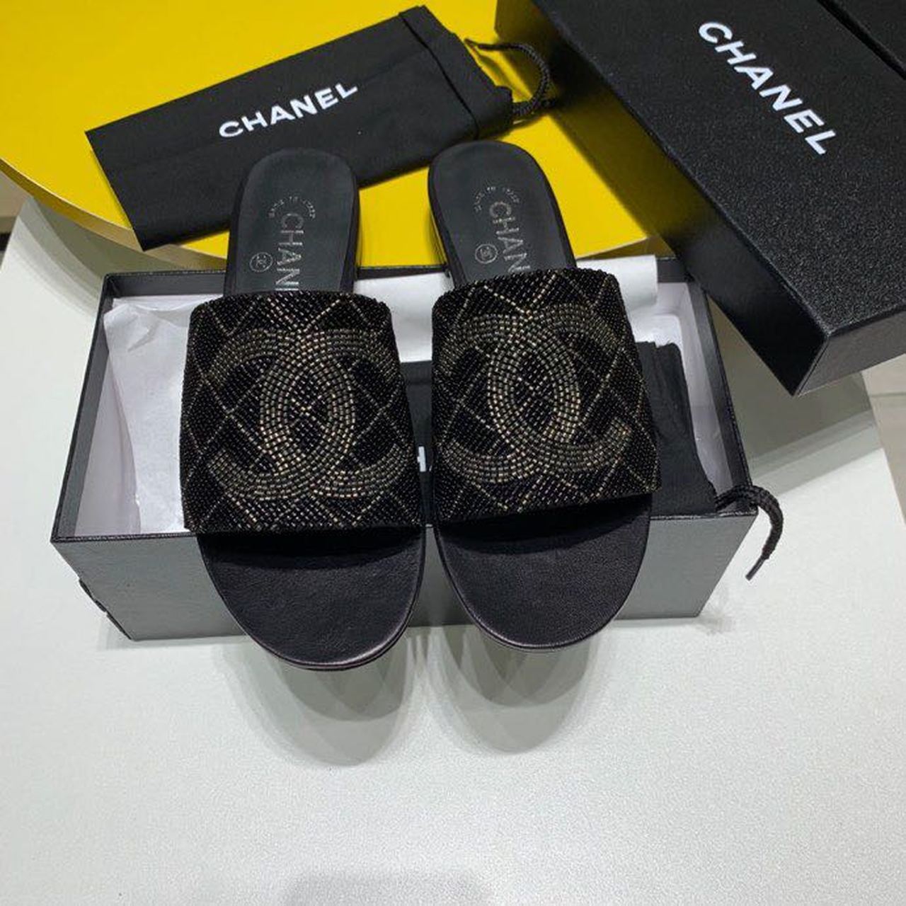Chanel Bead Embroidered Mule Sandals Calfskin Leather Spring/Summer Collection Black