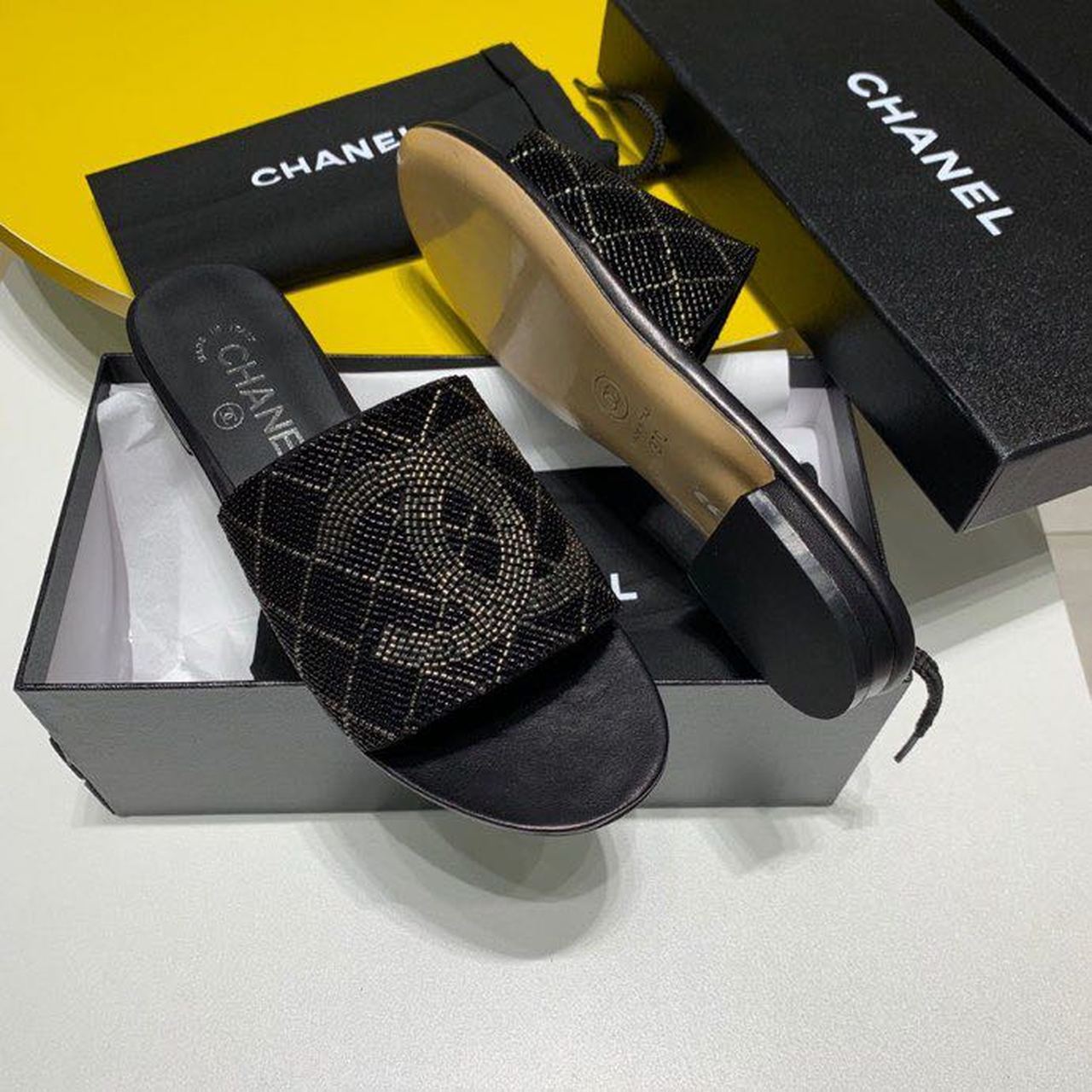 Chanel Bead Embroidered Mule Sandals Calfskin Leather Spring/Summer Collection Black