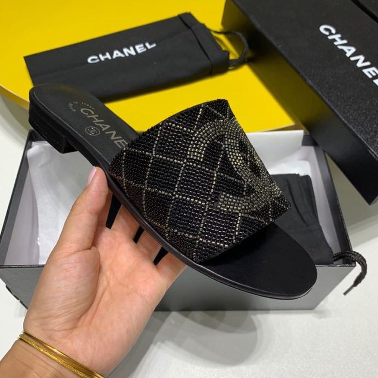Chanel Bead Embroidered Mule Sandals Calfskin Leather Spring/Summer Collection Black