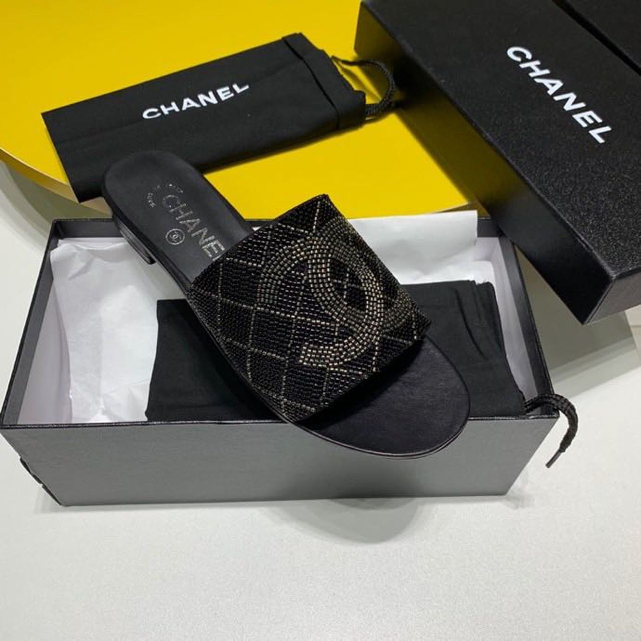 Chanel Bead Embroidered Mule Sandals Calfskin Leather Spring/Summer Collection Black