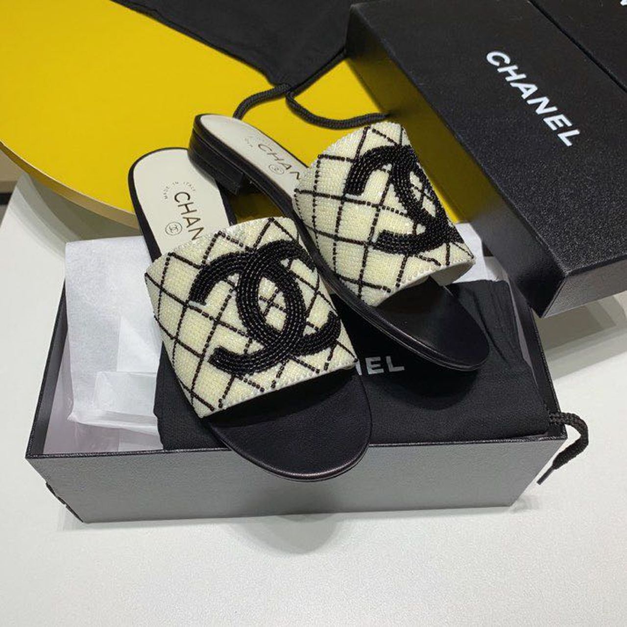 Chanel Bead Embroidered Mule Sandals Calfskin Leather Spring/Summer Collection White