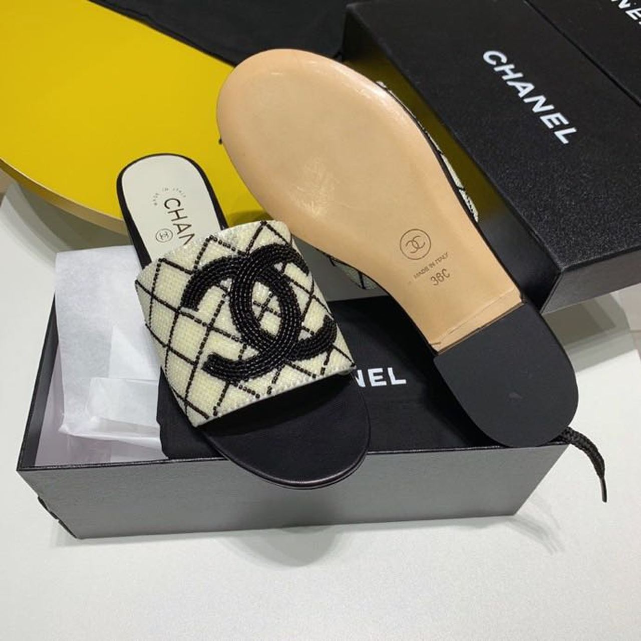 Chanel Bead Embroidered Mule Sandals Calfskin Leather Spring/Summer Collection White