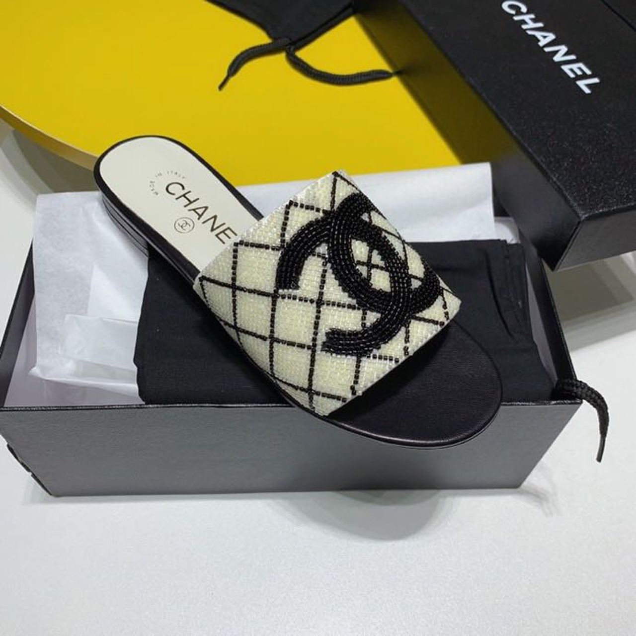 Chanel Bead Embroidered Mule Sandals Calfskin Leather Spring/Summer Collection White