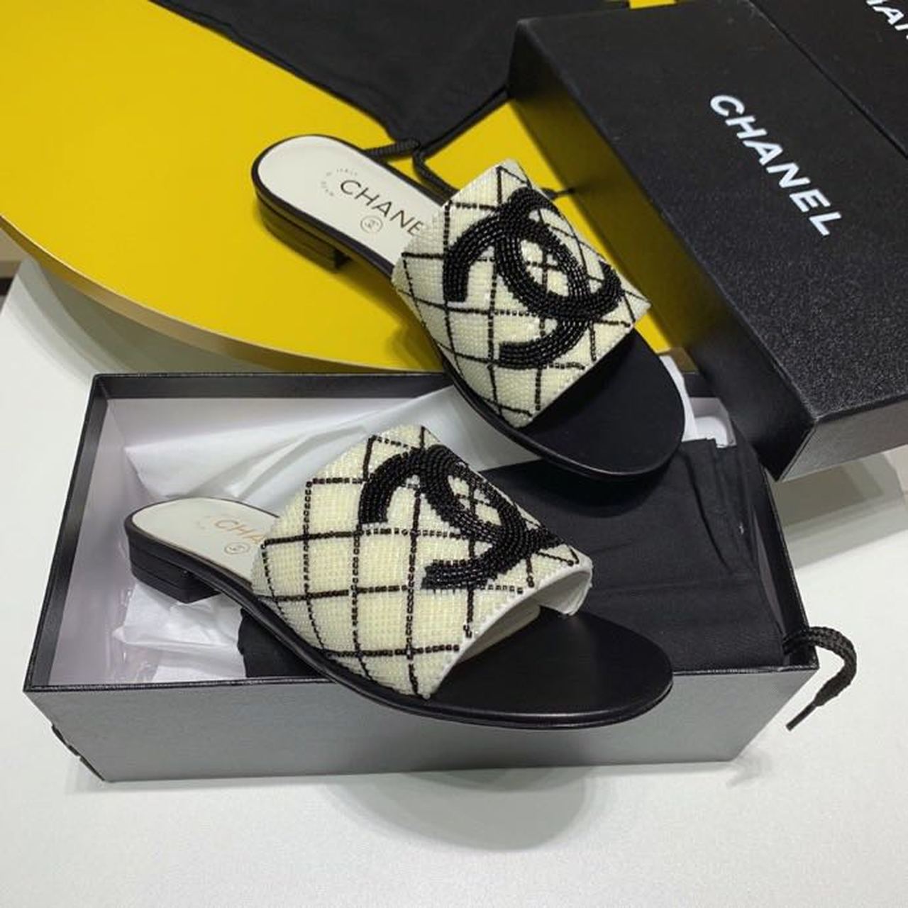 Chanel Bead Embroidered Mule Sandals Calfskin Leather Spring/Summer Collection White