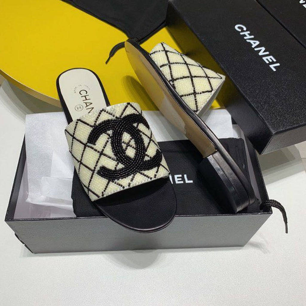 Chanel Bead Embroidered Mule Sandals Calfskin Leather Spring/Summer Collection White