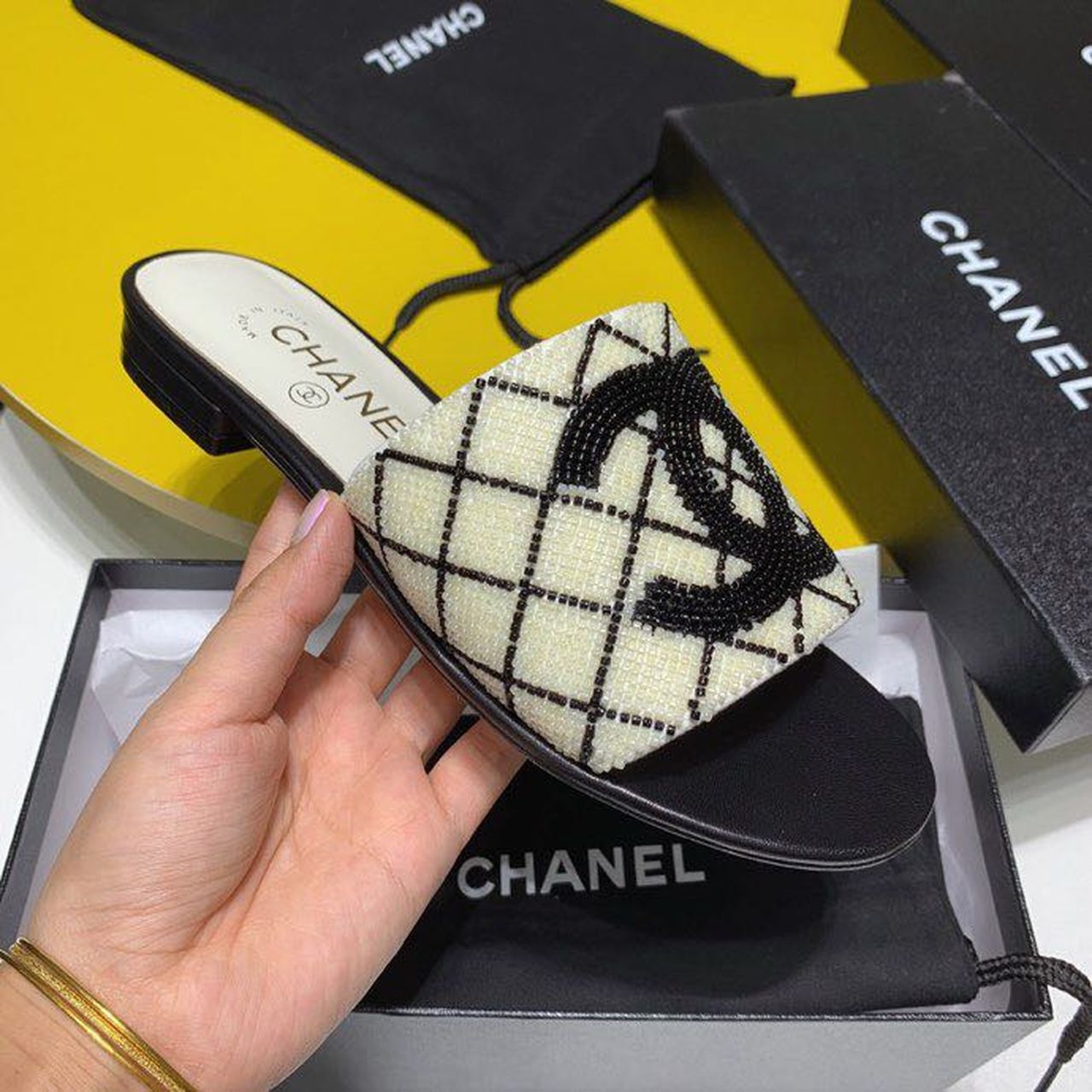 Chanel Bead Embroidered Mule Sandals Calfskin Leather Spring/Summer Collection White