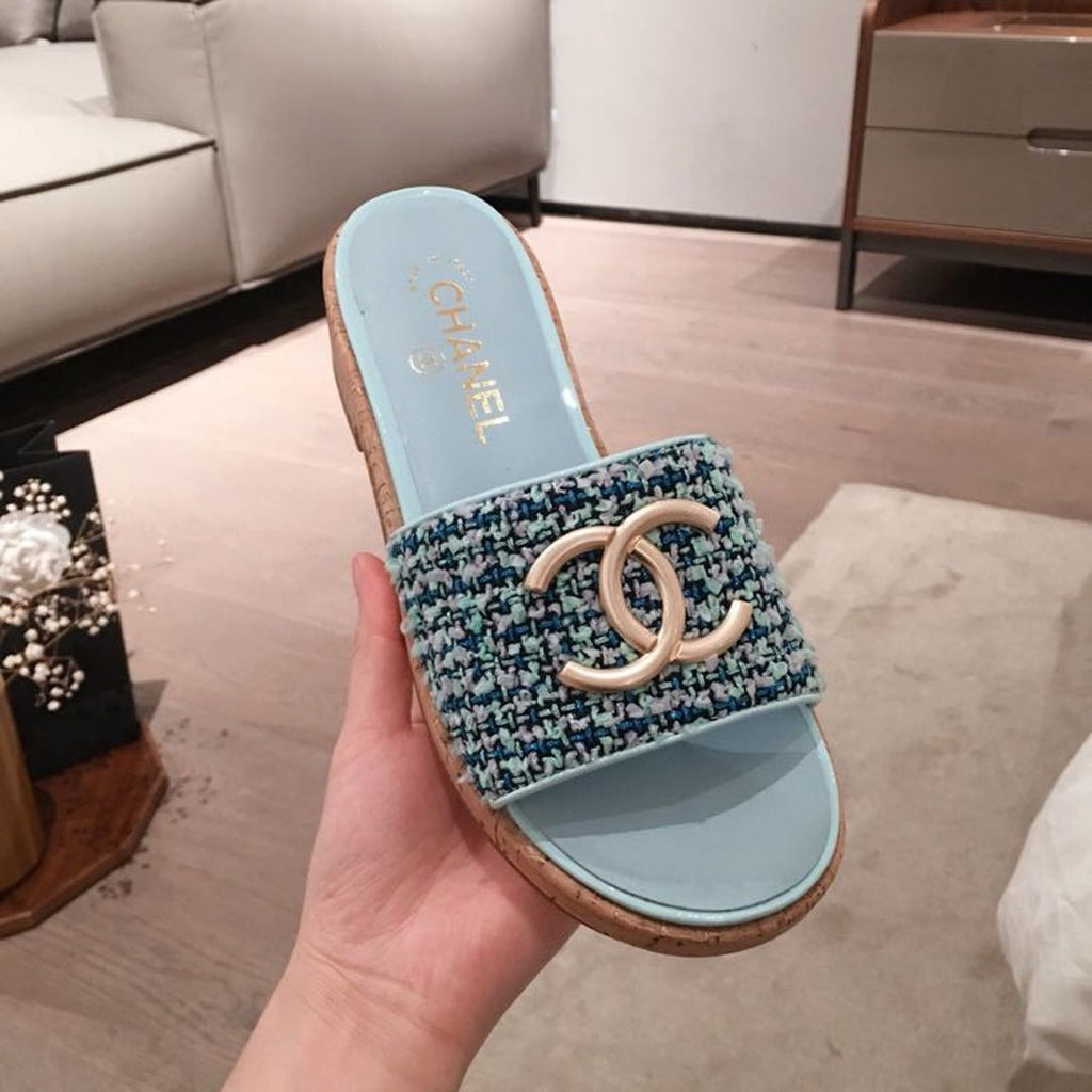 Chanel CC Cork Sandals Tweed/Calfskin Leather Spring/Summer Collection Light Blue