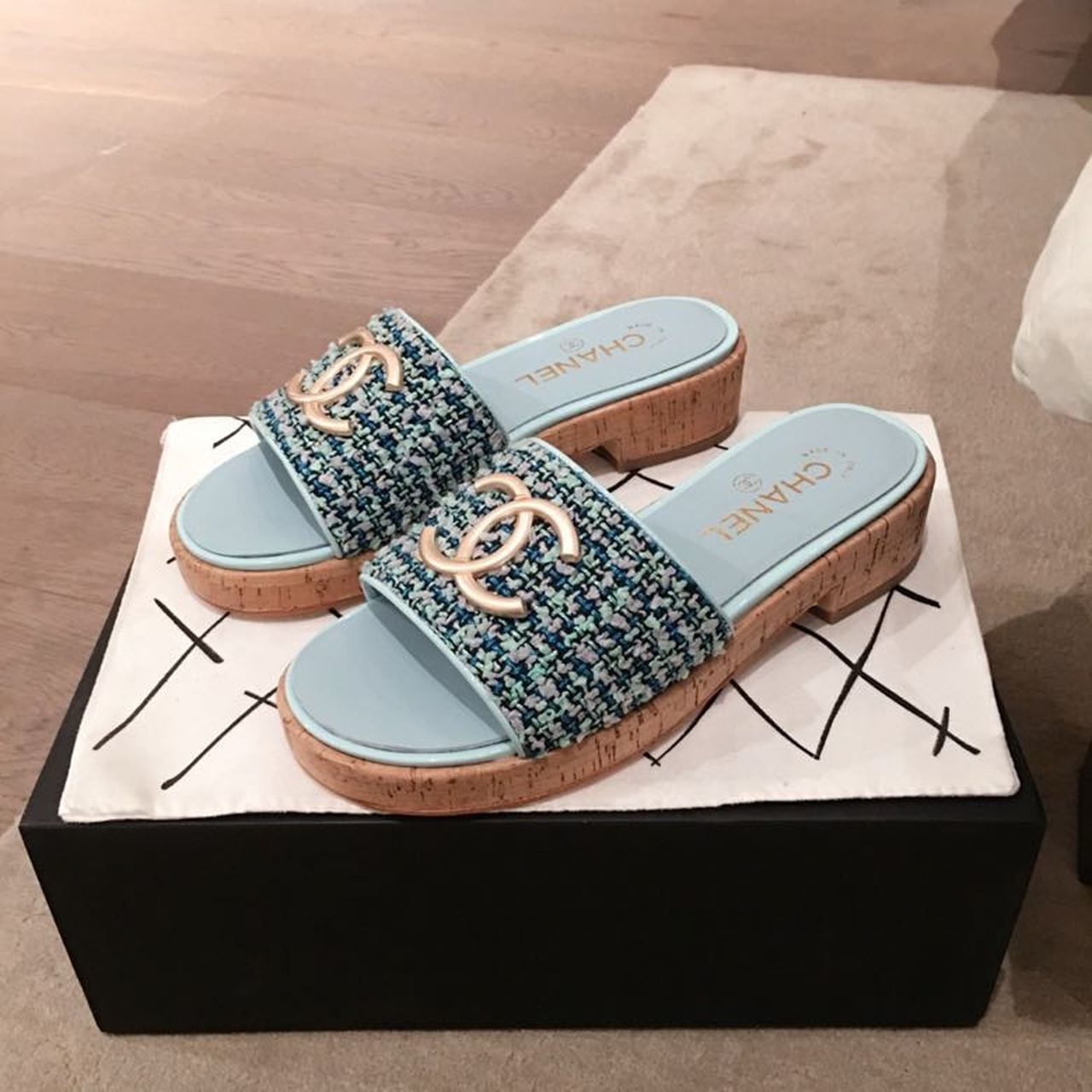 Chanel CC Cork Sandals Tweed/Calfskin Leather Spring/Summer Collection Light Blue