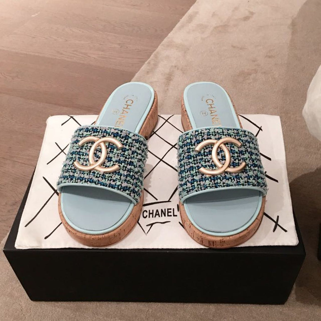 Chanel CC Cork Sandals Tweed/Calfskin Leather Spring/Summer Collection Light Blue